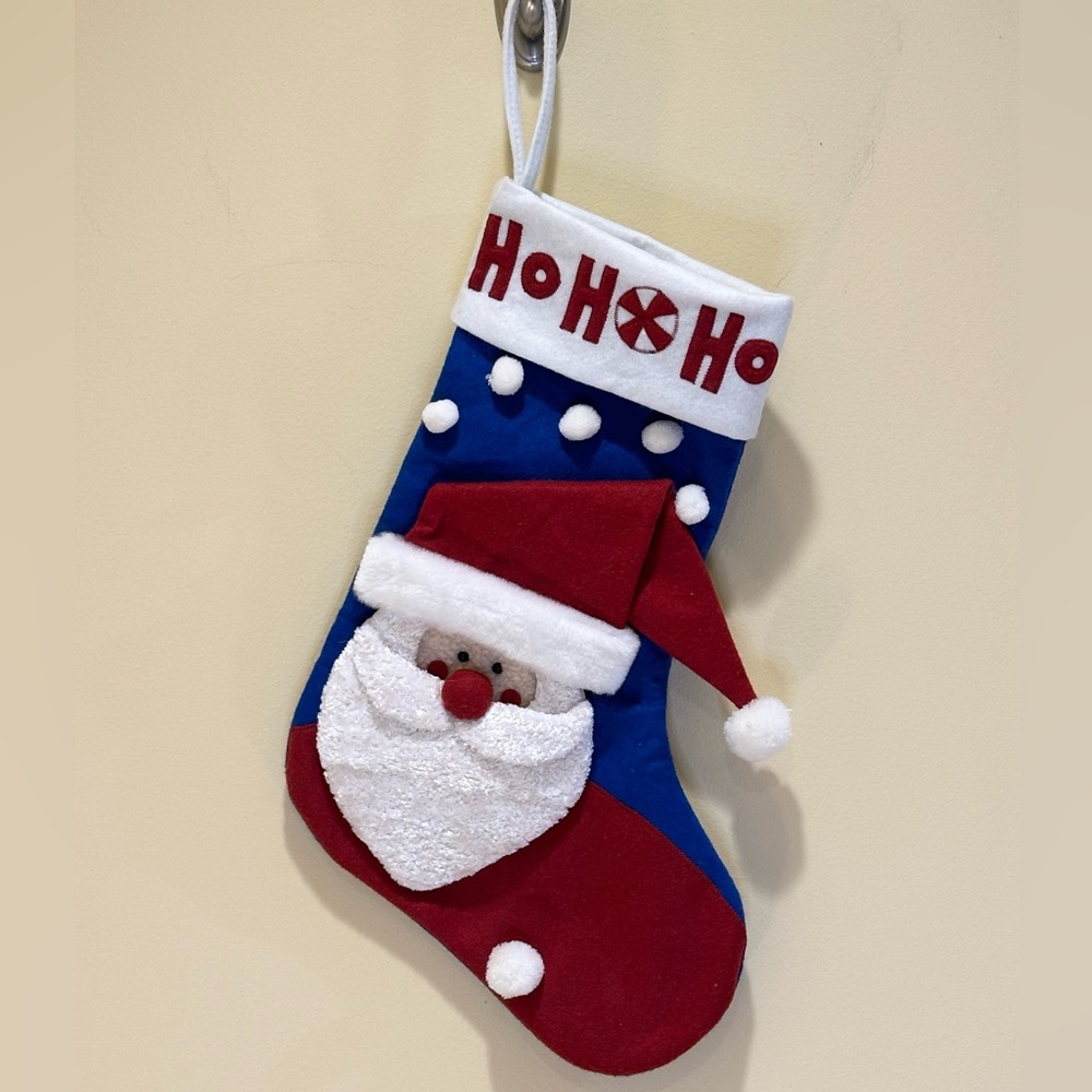 🎄🌟HP🌟VTG 1990s Blue & Red Felt 3D Santa Christmas Stocking Tuesday Morning